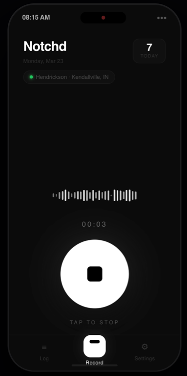 Notchd recording screen while capturing a voice note
